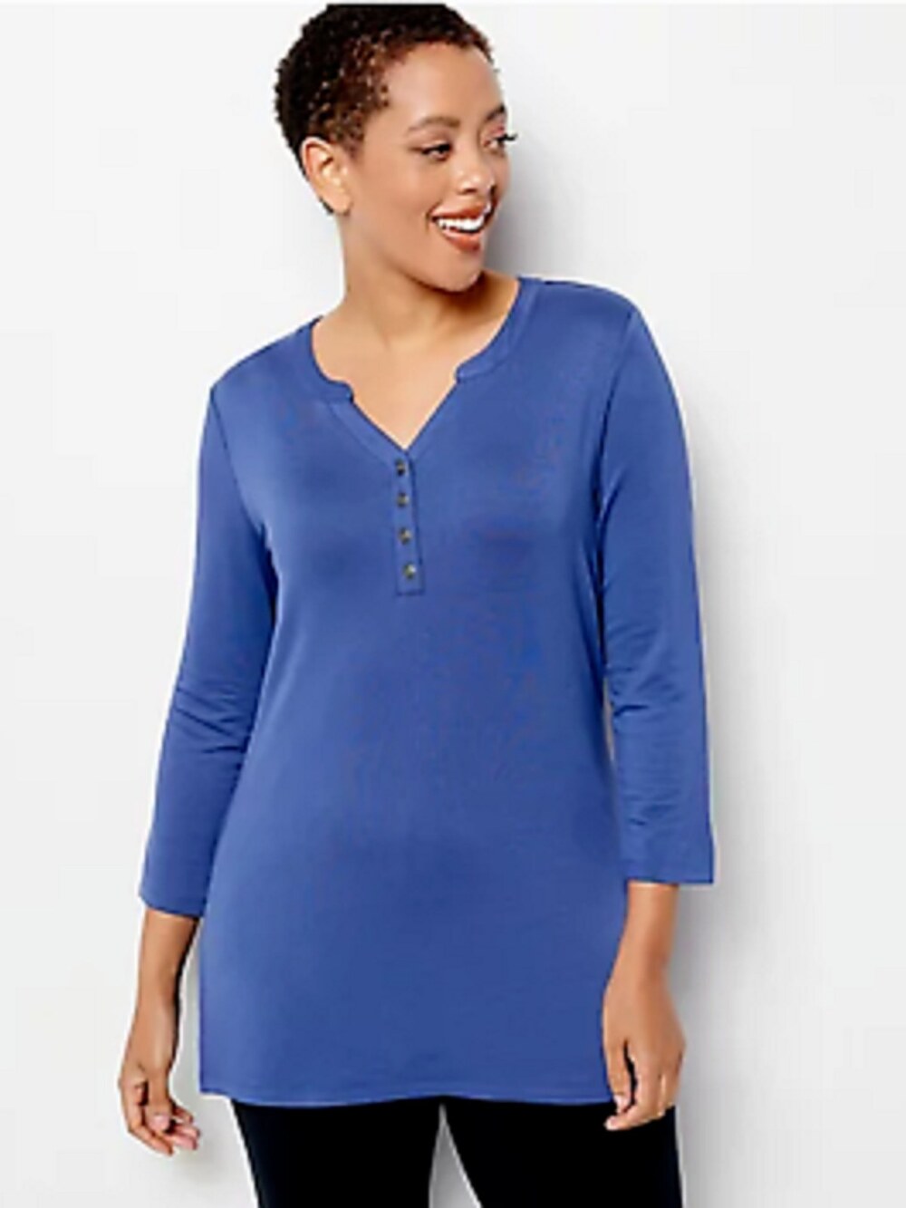 Susan Graver Weekend Jersey Knit Women's Henley Top Washed Indigo X Large